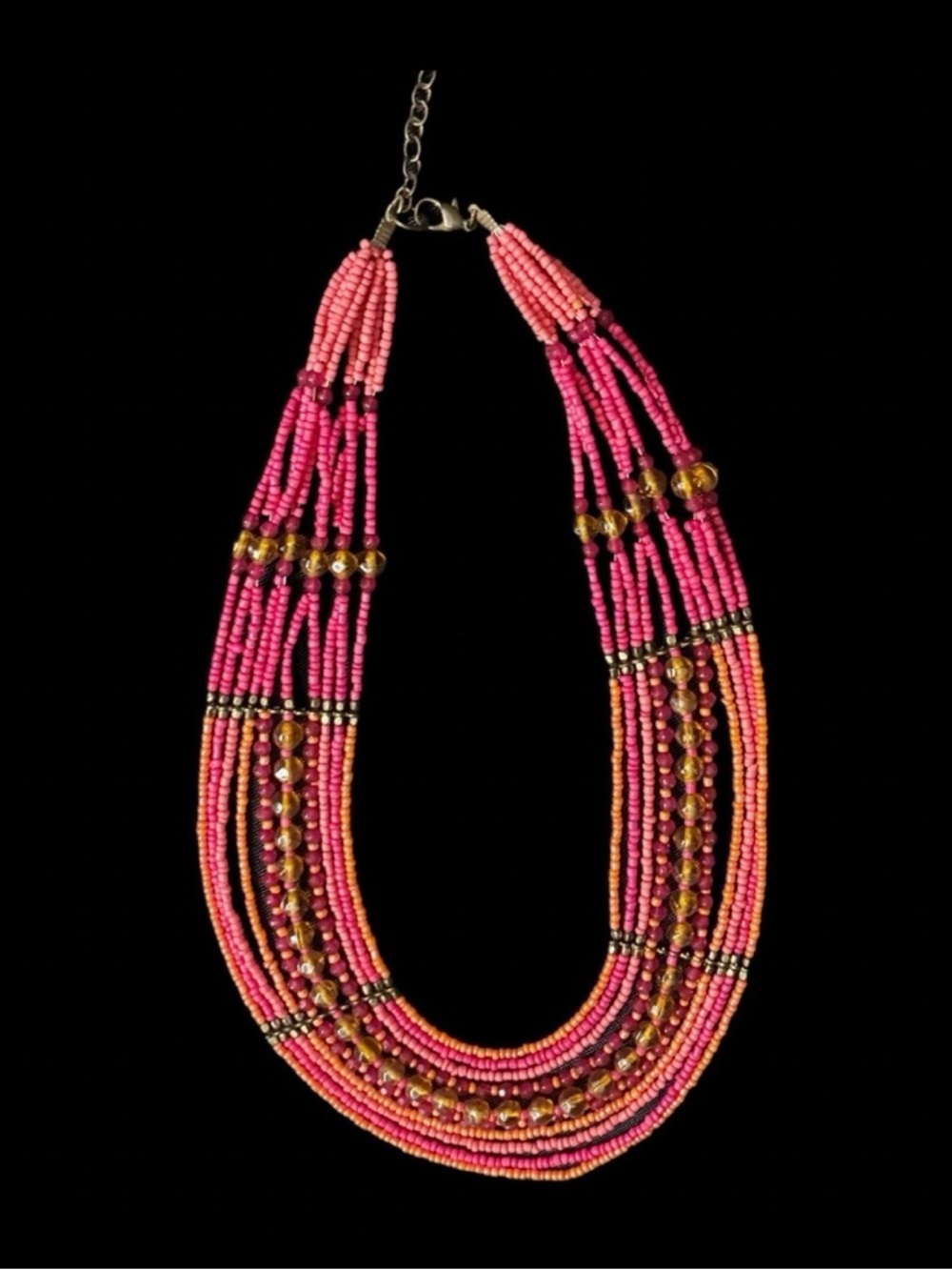 Boho Ethnic Multi Layer Seed Bead Necklace Pink Orange Gold Tone Statement Bib. - Picture 2 of 7